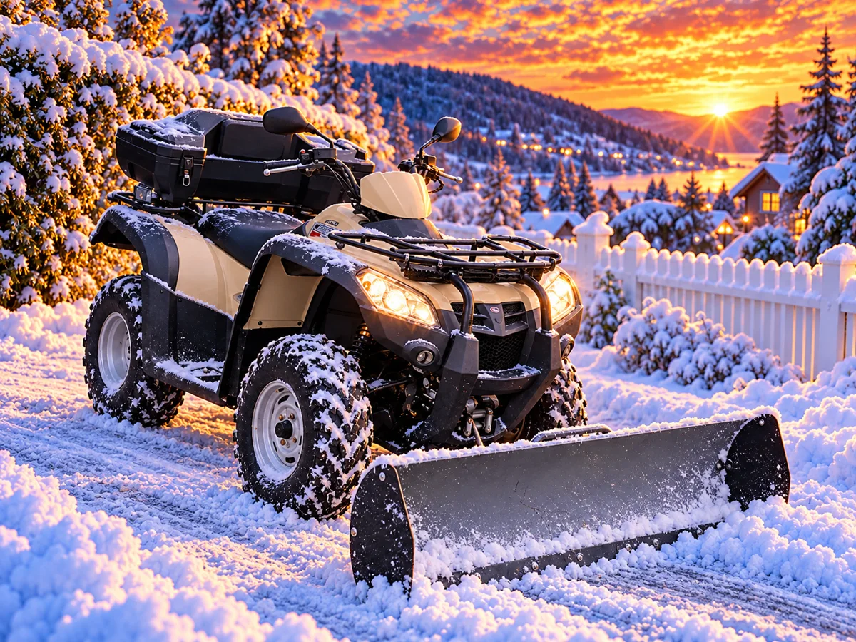 Vinterillustrasjon av Helmens Kymco MXU 500 med Kimpex-brøyteskjær